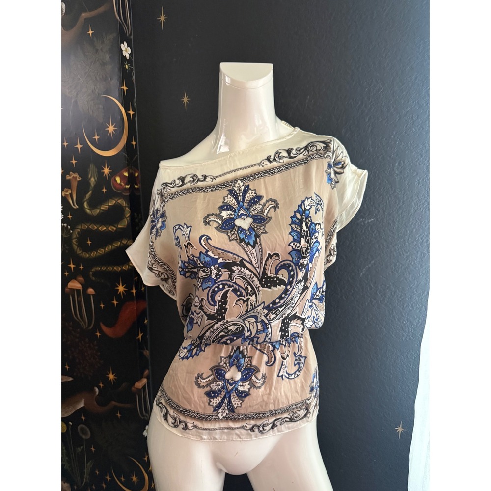 White House Black Market Silk Paisley Scarf Print Blouse Blue Beige XS